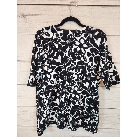 Denim & Co. Womens White Black Floral Short Sleeve Button Front Blouse‎ Large - Picture 2 of 6